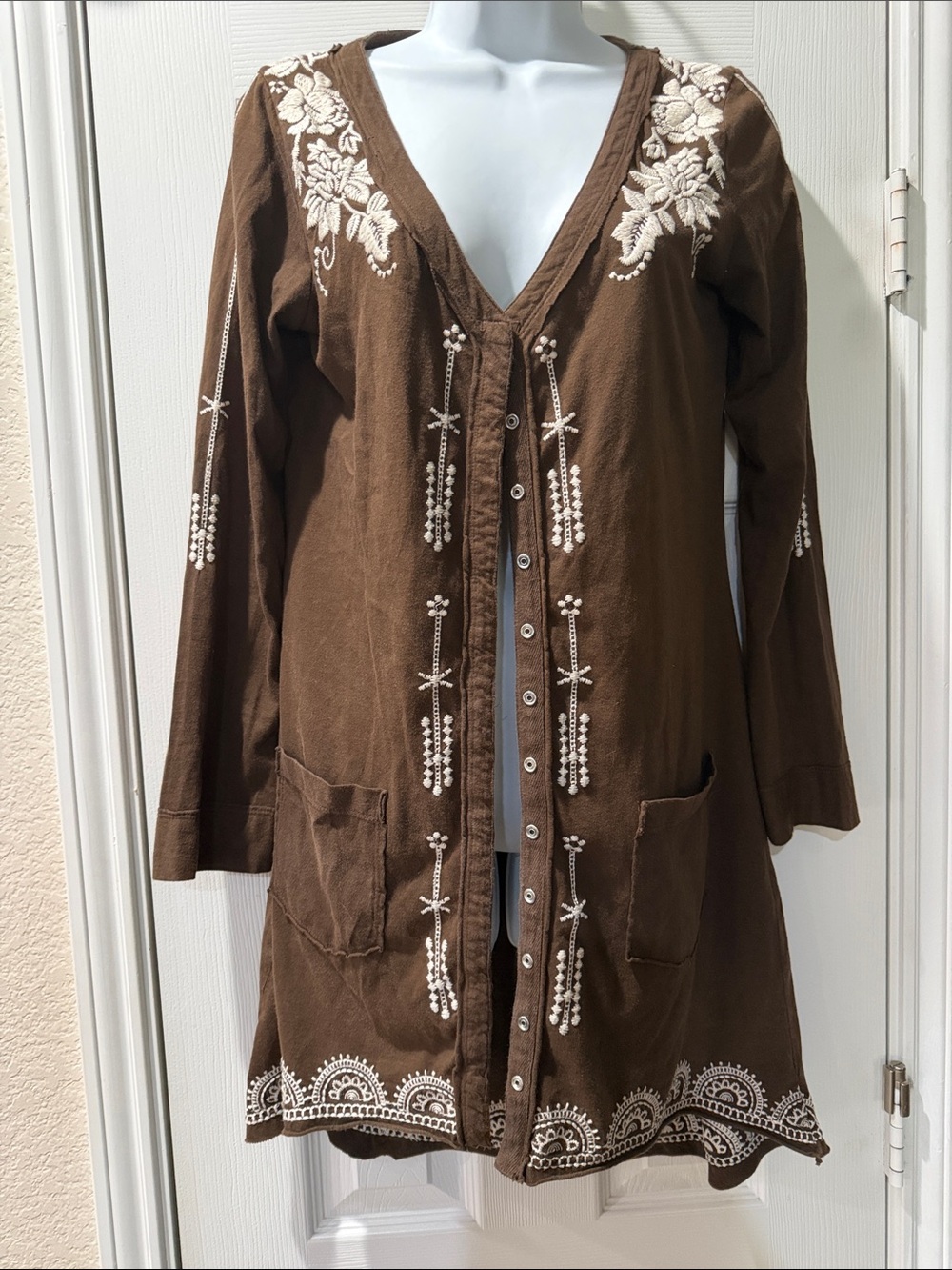 Johnny Was Brown Long Embroidered Cardigan with Cream Floral Accents